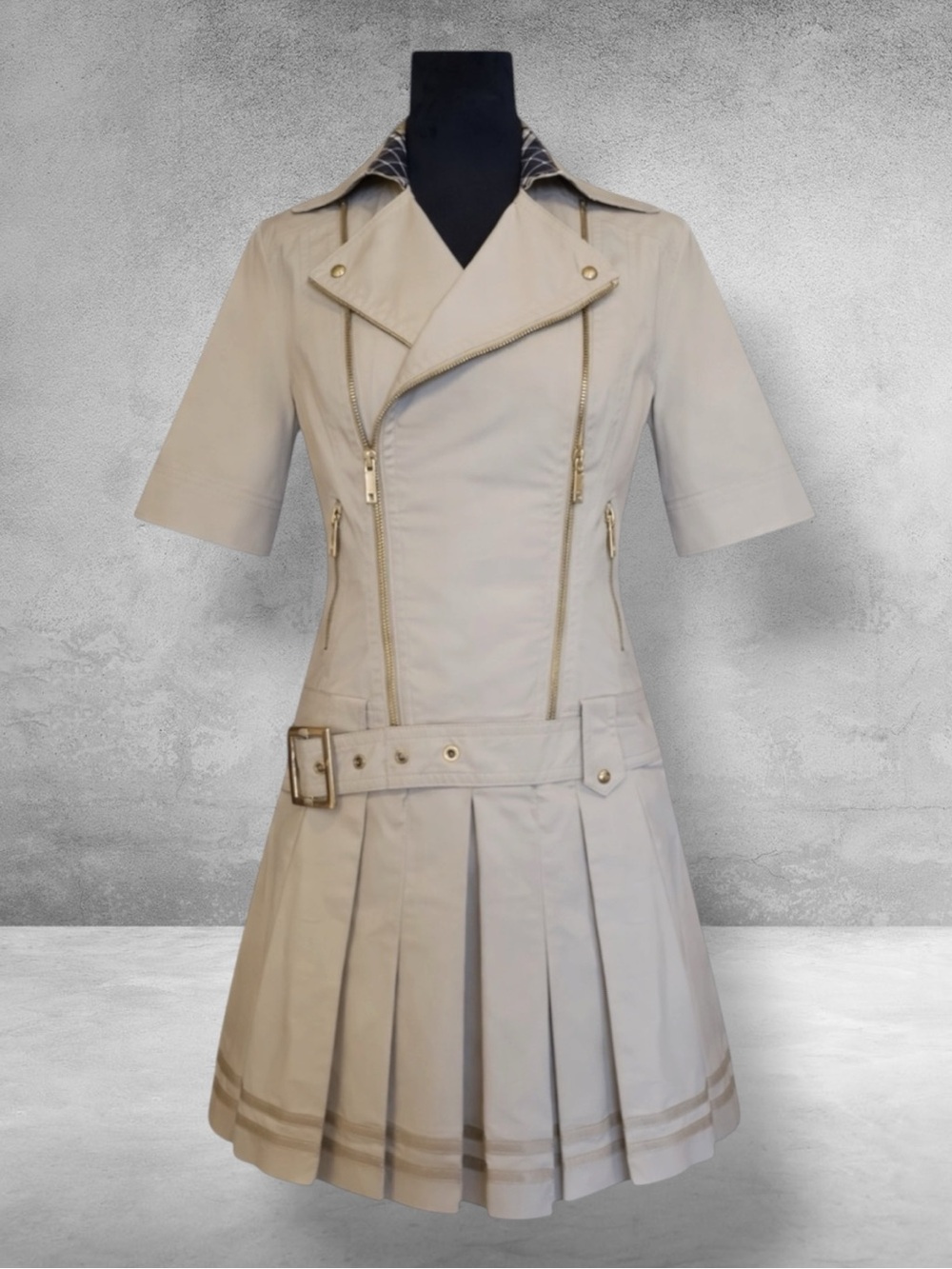 Vintage E Land Dress Khaki Mini Pleated Moto Utility Pleated Schoolgirl 90s M